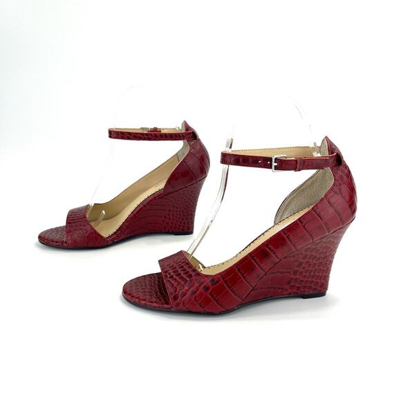 Anthropologie/Farylrobin D'Orsay Wedge Sandal Sz 7 Red Leather Embossed Open-Toe - Picture 2 of 16
